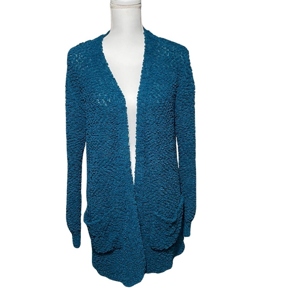 Zenana Teal Popcorn Knit Open Front Cardigan with 2 pockets Size L - Picture 1 of 11